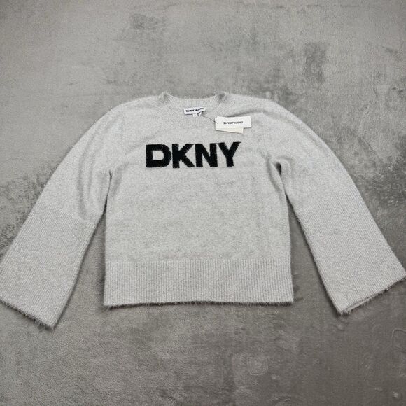 DKNY Sweater Women’s Medium Grey Crew Pullover Long Sleeve Holiday Festive - Picture 1 of 8